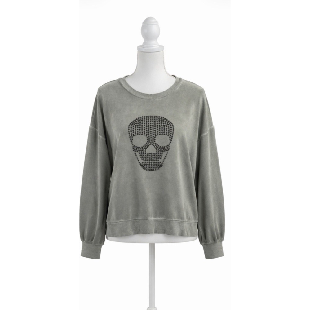 Brit NY Sequince Sugar Skull Sweatshirt Top Women size Large Gray Long Sleeve